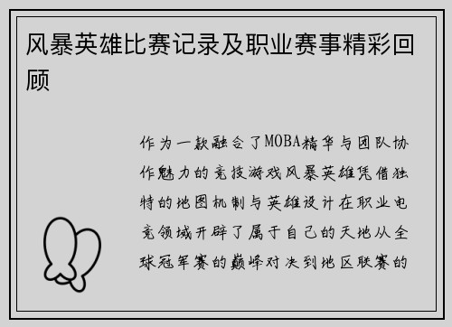 风暴英雄比赛记录及职业赛事精彩回顾